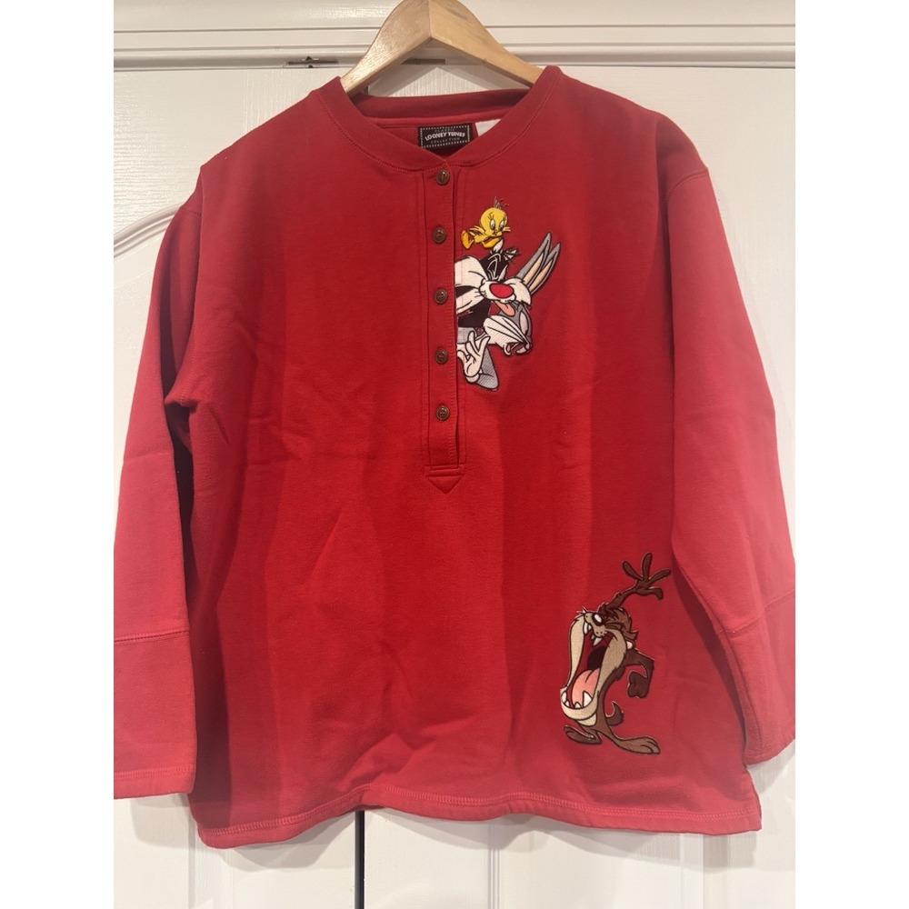 VTG 90s Looney  Tunes Sweat Shirt Mens L Burgundy Button-Up Taz Bugs Bunny#A007